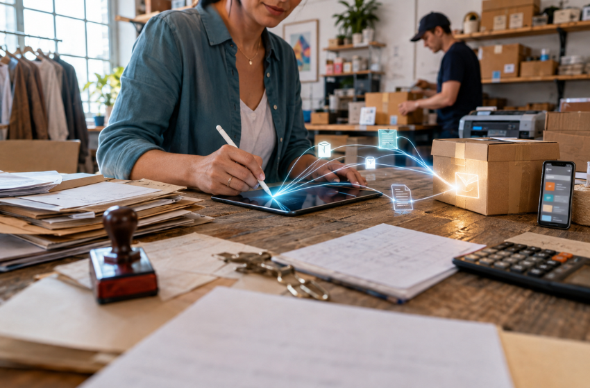 Worker uses a stylus on a tablet at a cluttered packing desk, with boxes and paperwork in a warehouse, holographic icons hovering above the tablet; representing digital order management in logistics.