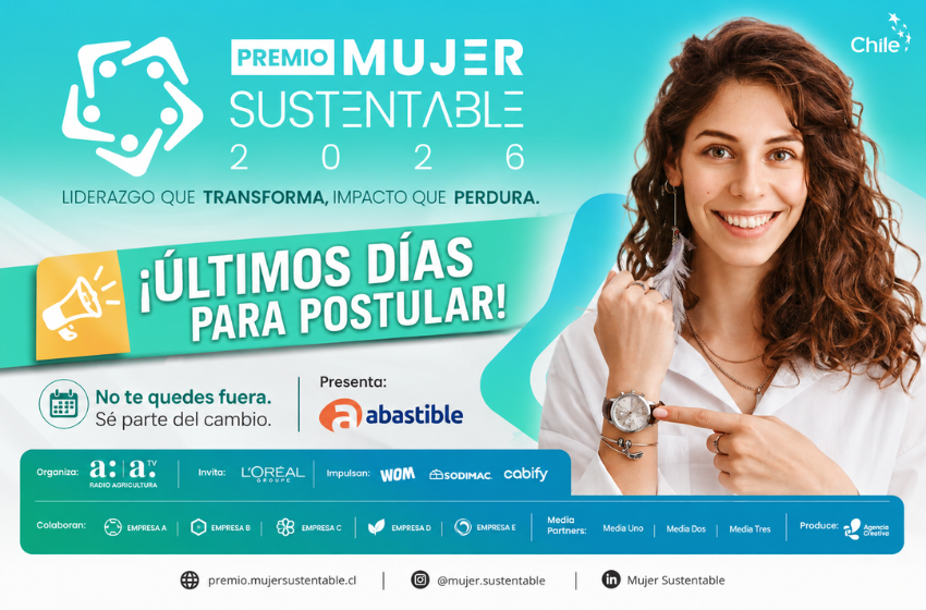 Banner for Premio Mujer Sustentable 2016 with a smiling woman on the right and a bold 'Últimos días para postular' call to action.