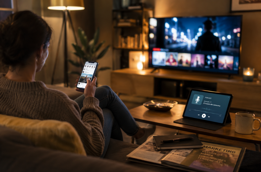 Woman on a sofa watching a city-night scene on the TV while using a smartphone and a tablet displaying a podcast.